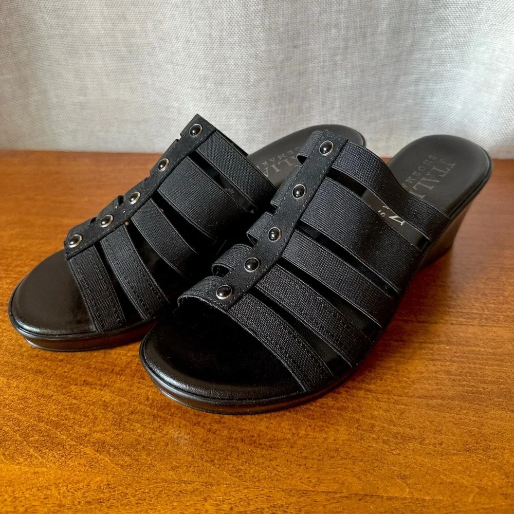 Italian Shoemakers•women’s slip on wedge sandals•size 6m•black•strappy•formal